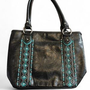 Western Black and Turquoise Embossed Handbag